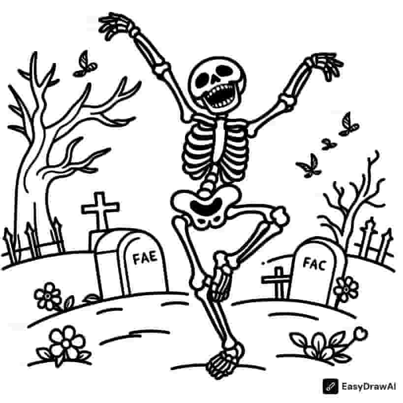 a joyful skeleton dancing in a graveyard