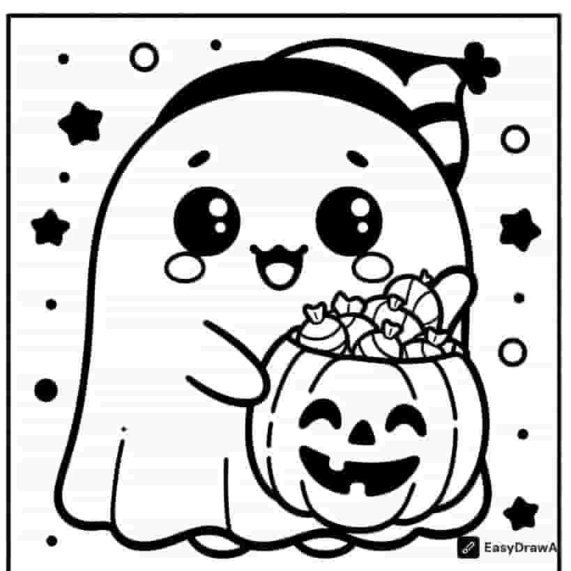 a cute ghost holding a pumpkin filled with candies