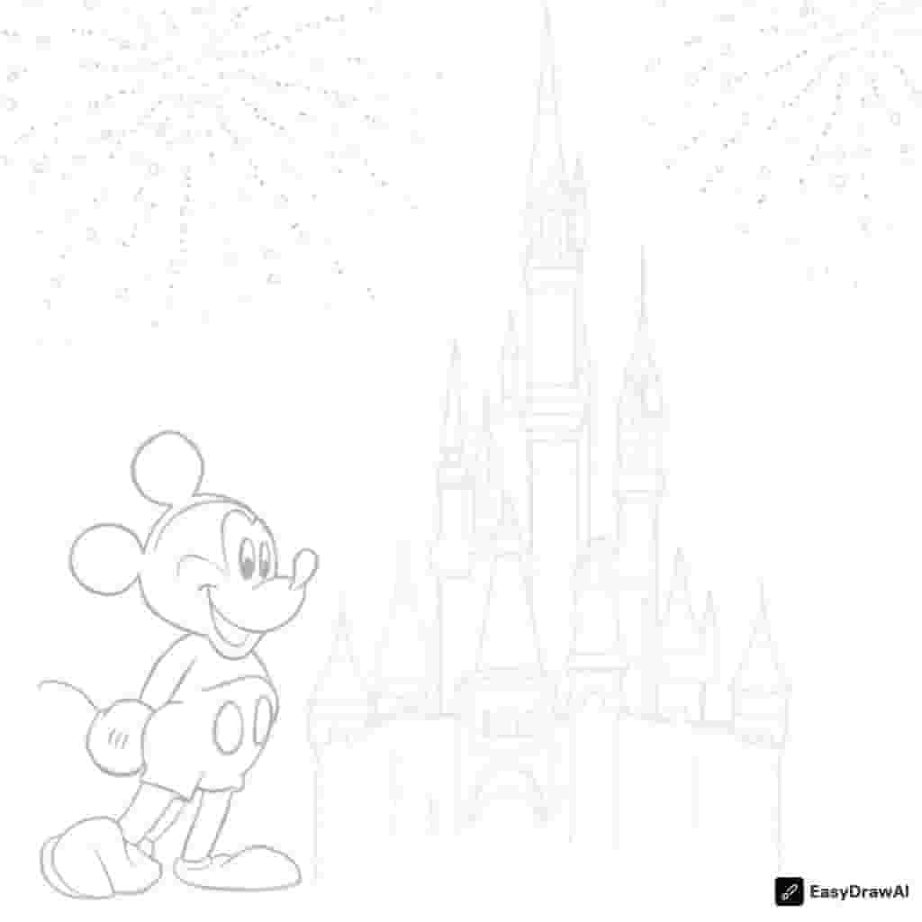 Mickey Mouse is standing in front of Cinderella's castle with fireworks in the sky.