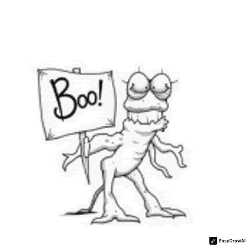 a tiny monster with big eyes holding a sign that says 'Boo!'