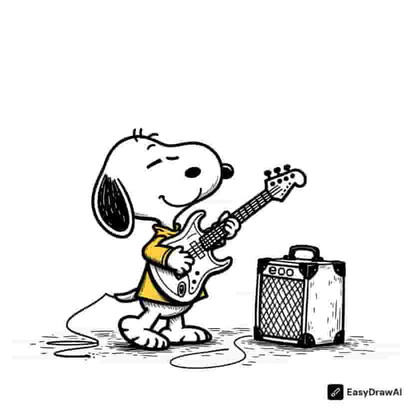 Snoopy playing the guitar in a rock band