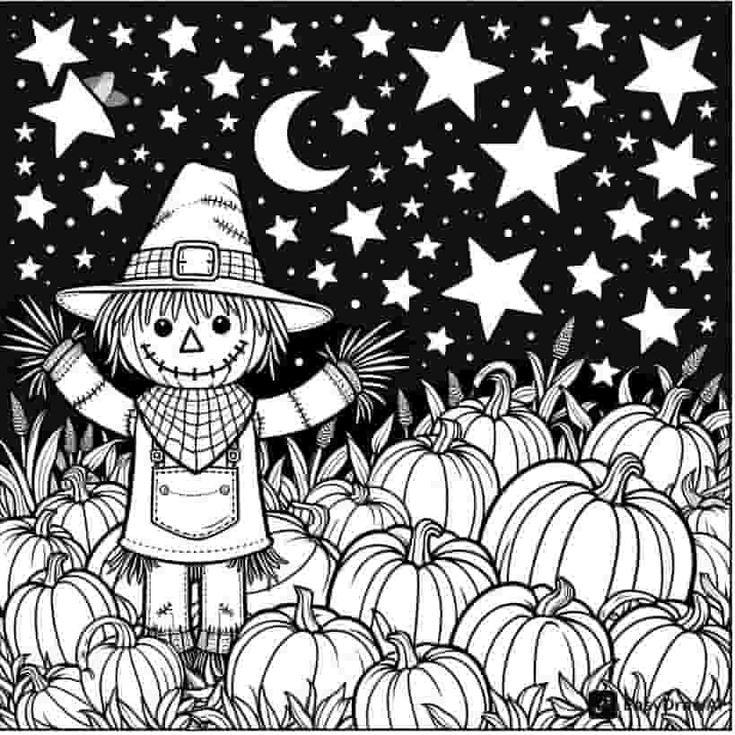 a friendly scarecrow in a pumpkin patch under a starry sky