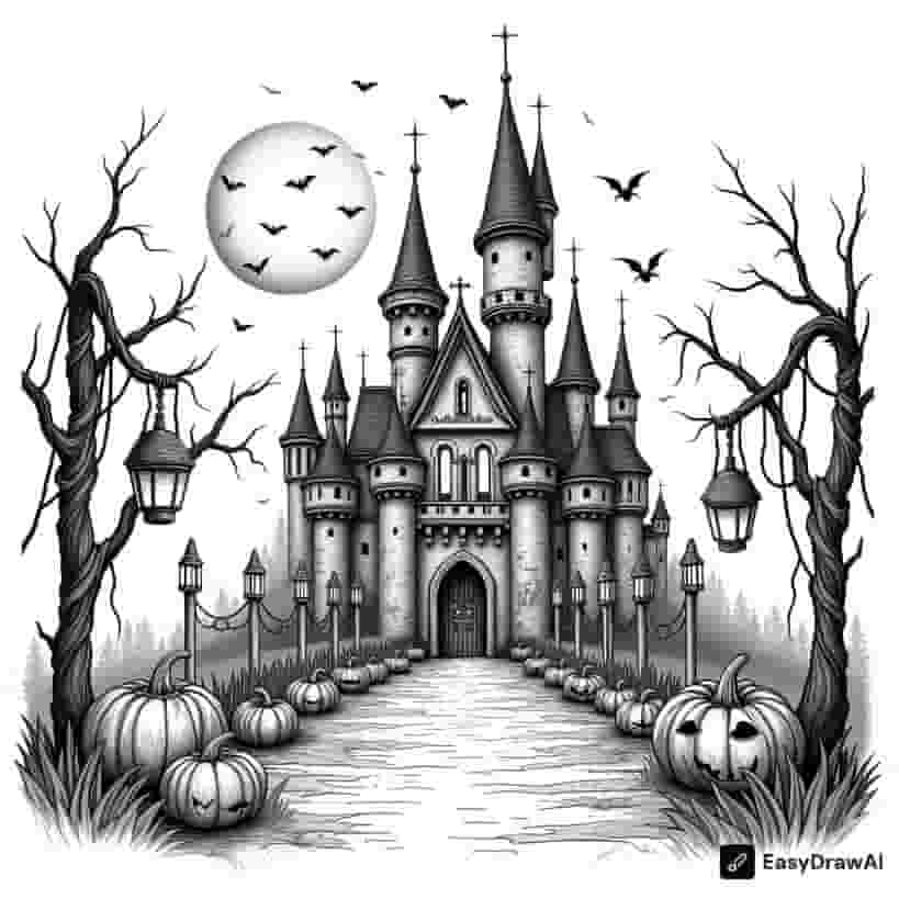 an enchanting castle with Halloween decorations