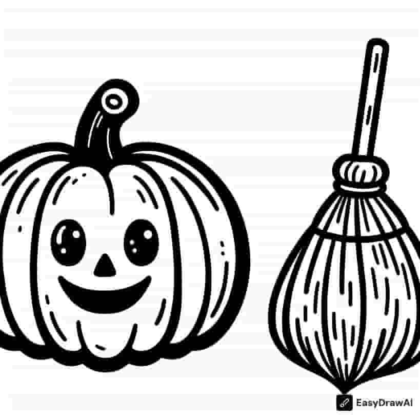 a smiling pumpkin with a witch broom by its side