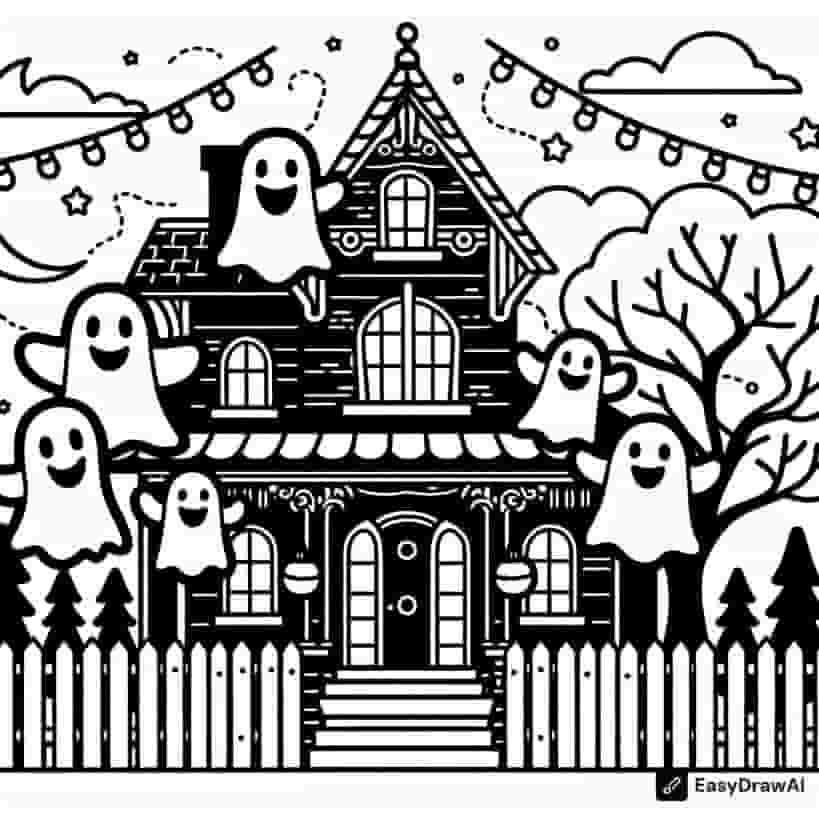 a cheerful haunted house with happy ghost decorations