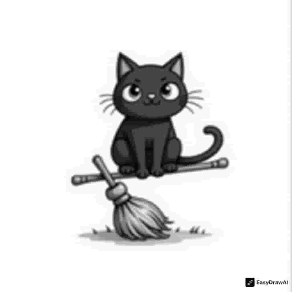 a cute black cat with big eyes sitting on a broomstick