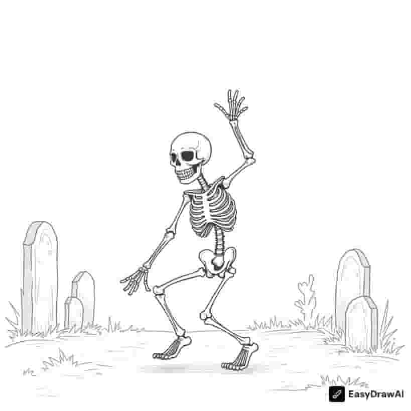 a jolly skeleton dancing in a graveyard