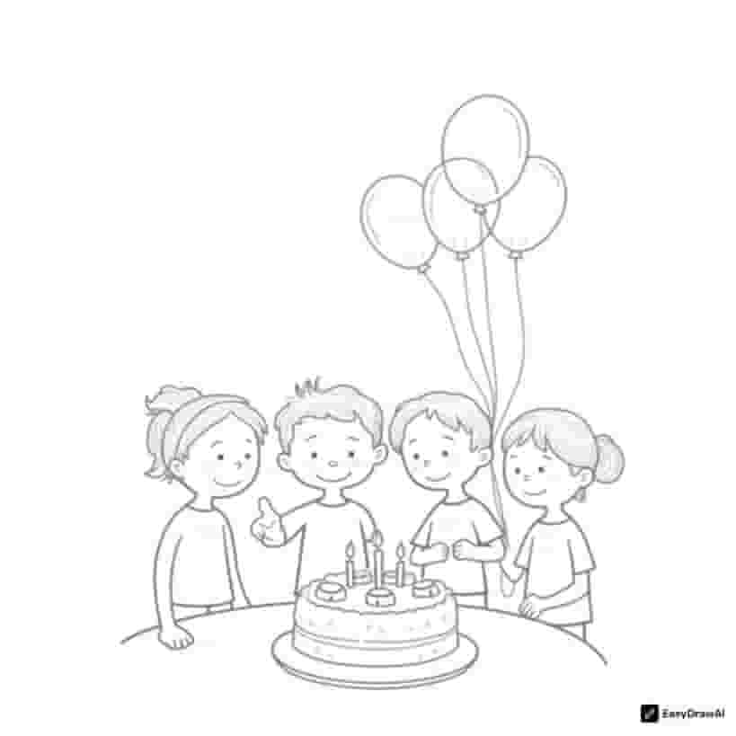 A group of friends celebrating a birthday party, in a festive style, with a birthday cake and balloons.