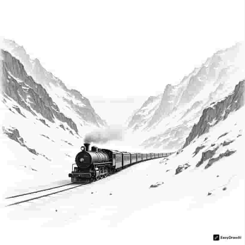 A vintage steam train traveling through a snowy mountain pass, from behind, during winter, in a photograph style.