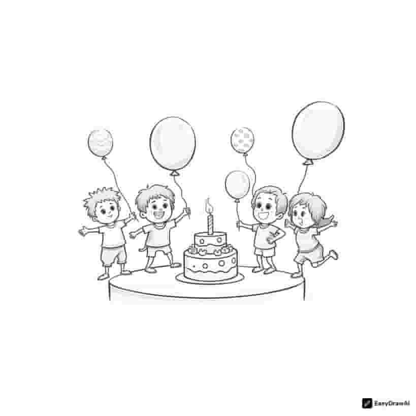 A group of friends celebrating a birthday party, in a festive style, with a birthday cake and balloons.