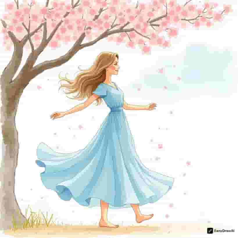 A woman in a flowing dress dancing under a cherry blossom tree, diagonal pose, during spring, full body, in watercolor style.