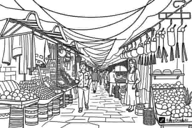 A bustling market scene with vendors selling fabrics, fruits, and spices, in a high-contrast, graphic style.