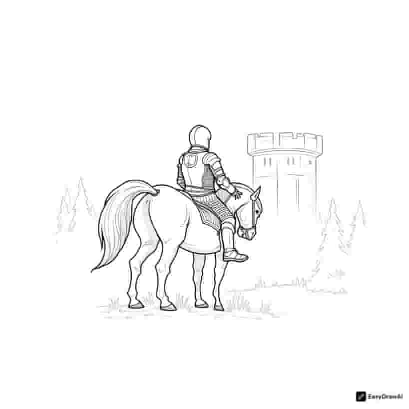 A medieval knight on horseback, from behind, in a dense foggy forest, with a castle in the distance, in a dark fantasy style.