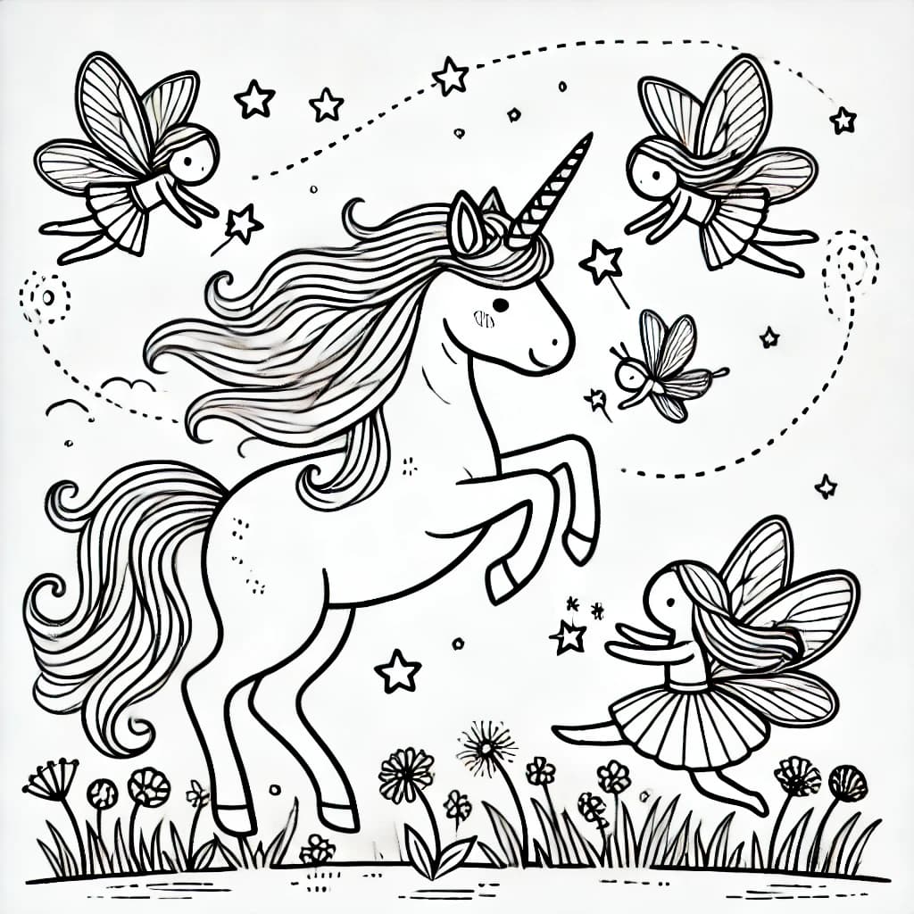 unicorn playing with fairies coloring pages