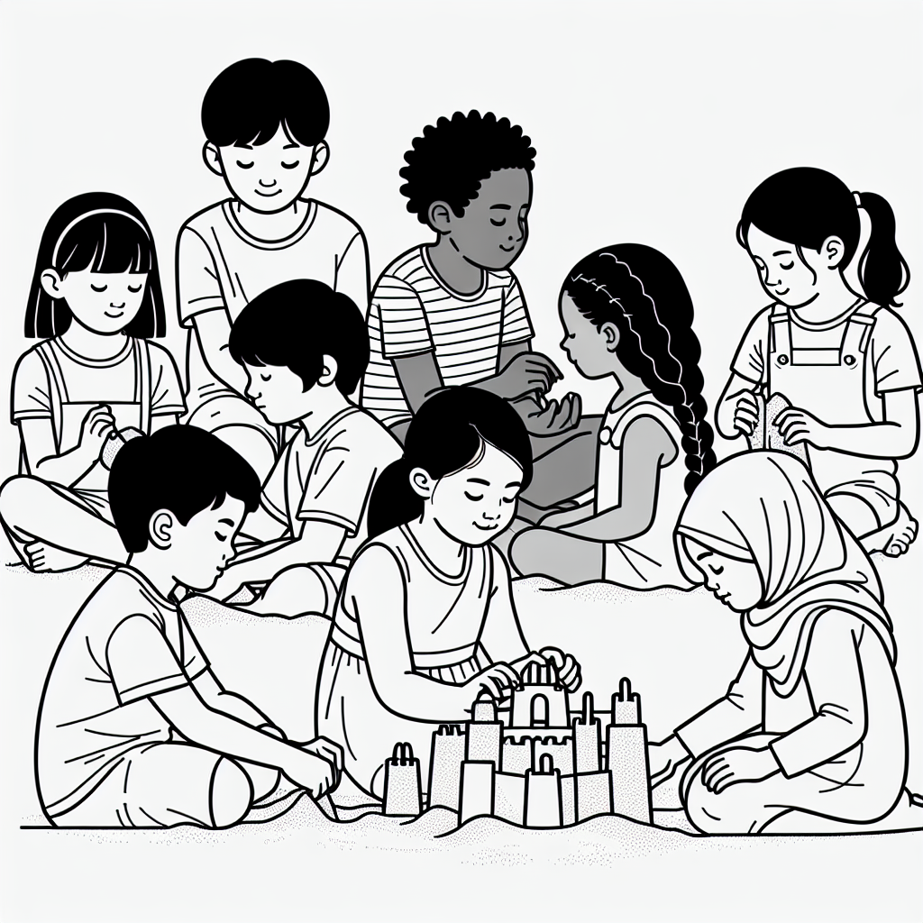 kids building sandcastles coloring pages