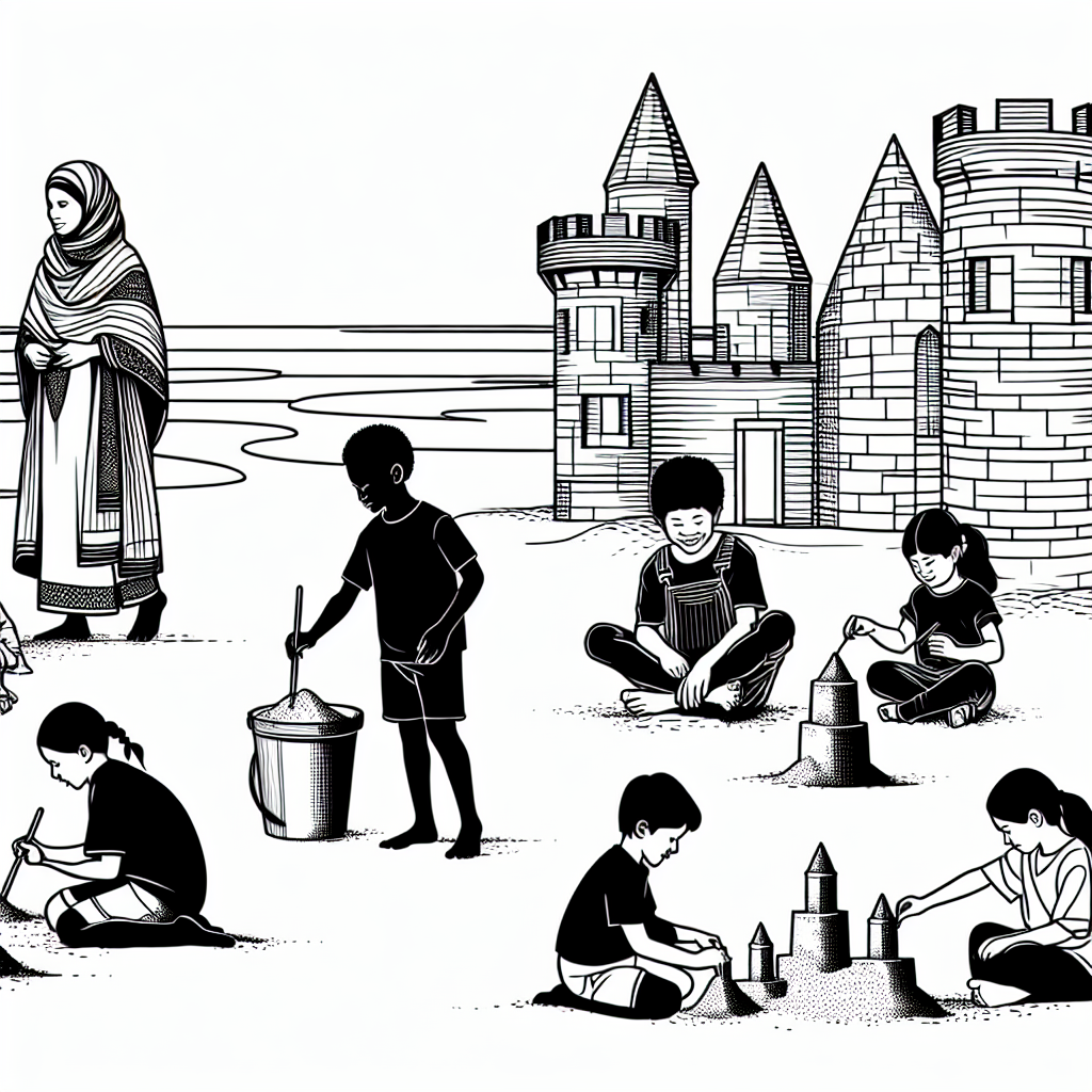 kids building sandcastles coloring pages