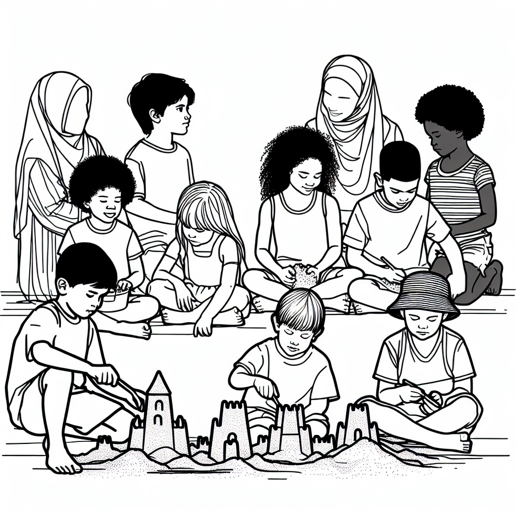 Kids building sandcastles coloring pages