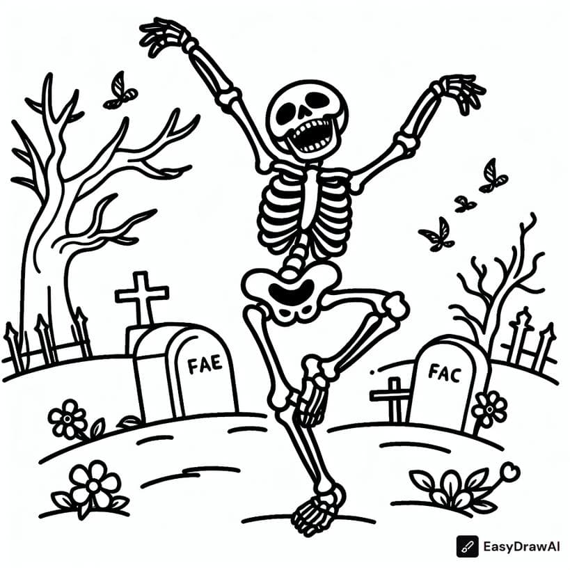 a joyful skeleton dancing in a graveyard coloring pages