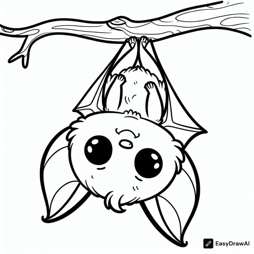 a smiling bat hanging upside down on a tree branch coloring pages