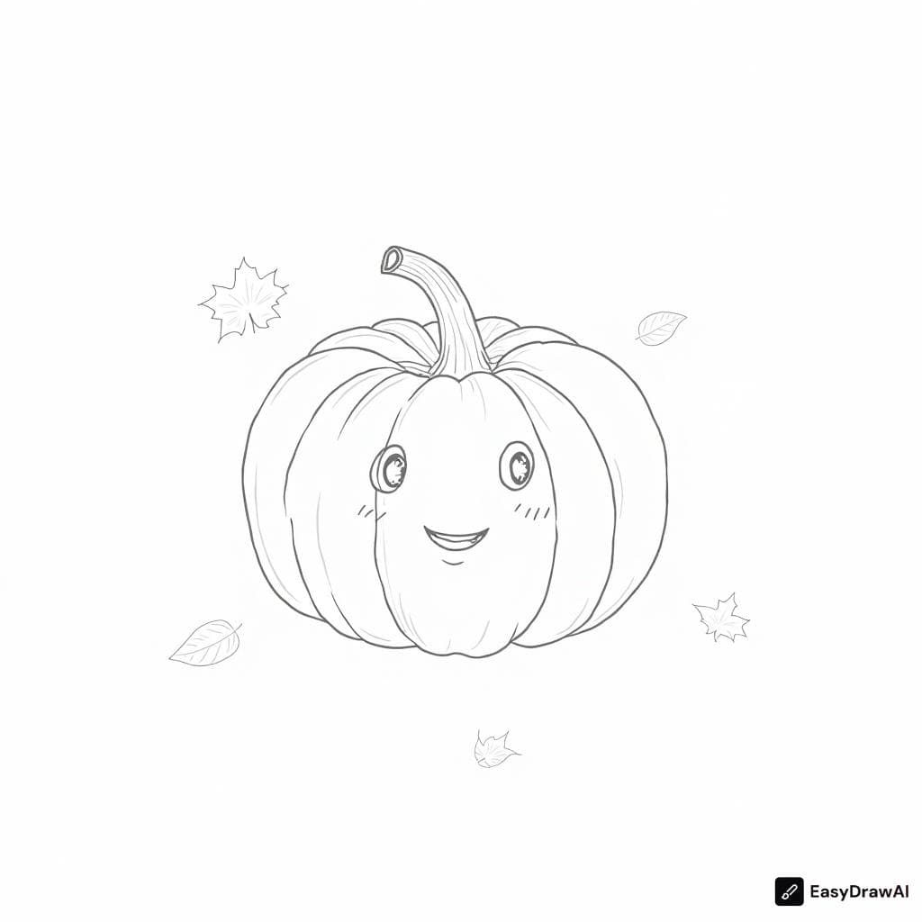 a cute pumpkin with a smiling face surrounded by autumn leaves coloring pages