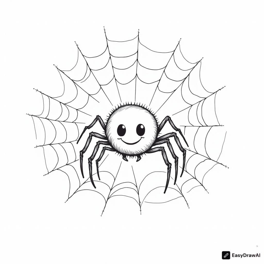 a small spider with a cheerful expression spinning a web coloring pages