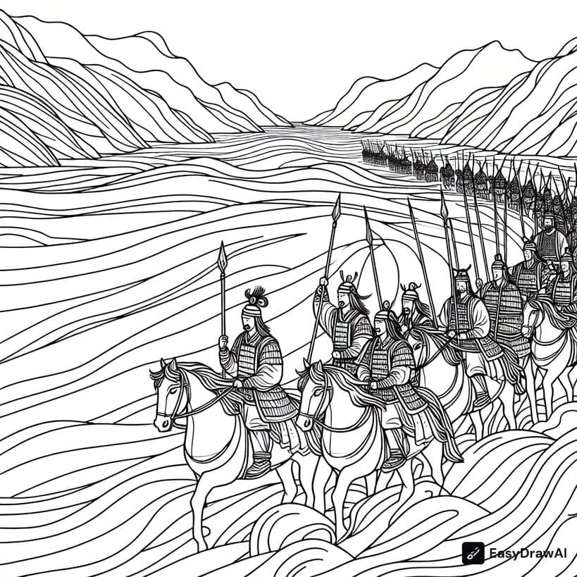 Cao Cao's army crossing the Yangtze River coloring pages