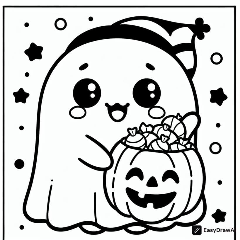 a cute ghost holding a pumpkin filled with candies coloring pages