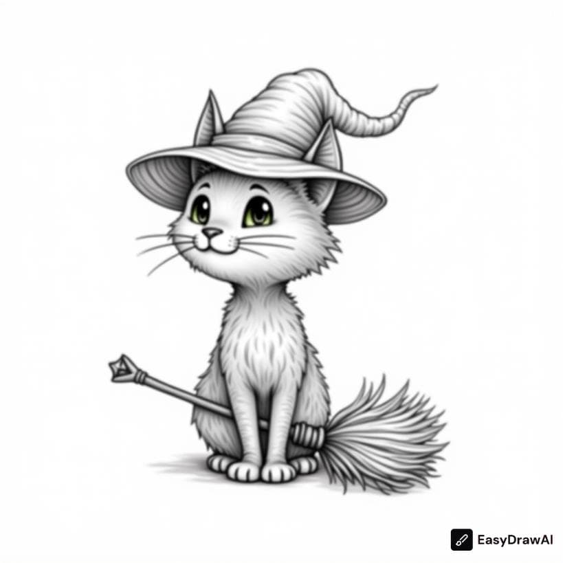 an adorable black cat with a witch hat sitting on a broomstick coloring pages