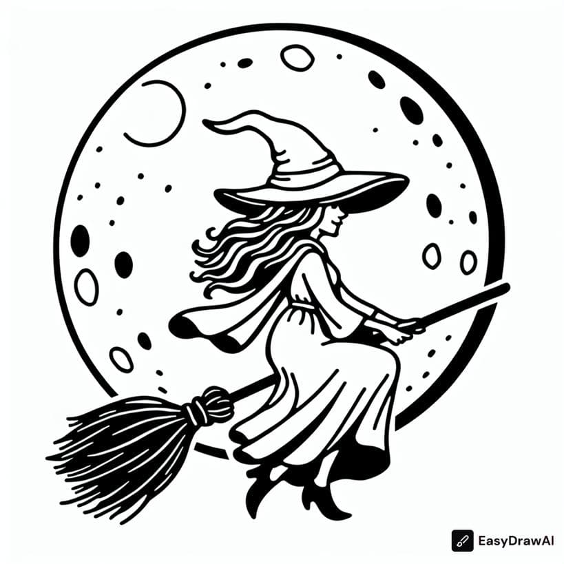 a friendly witch on a broomstick flying over a full moon coloring pages