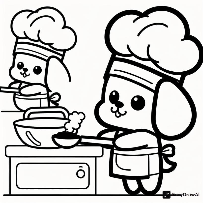 Snoopy cooking in the kitchen wearing a chef hat coloring pages