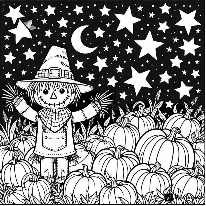 a friendly scarecrow in a pumpkin patch under a starry sky coloring pages