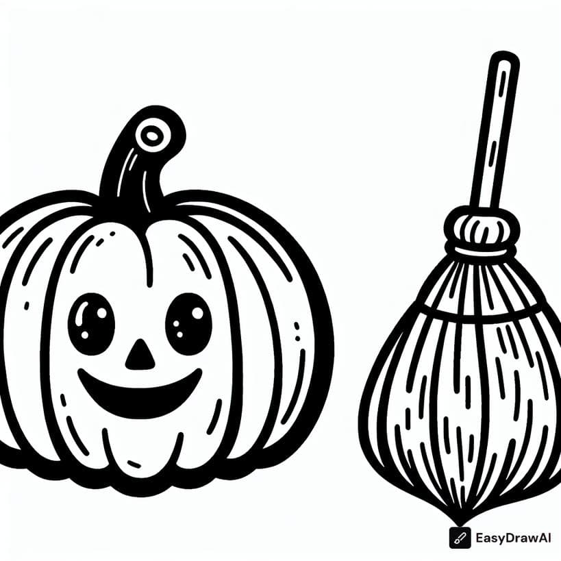 a smiling pumpkin with a witch broom by its side coloring pages