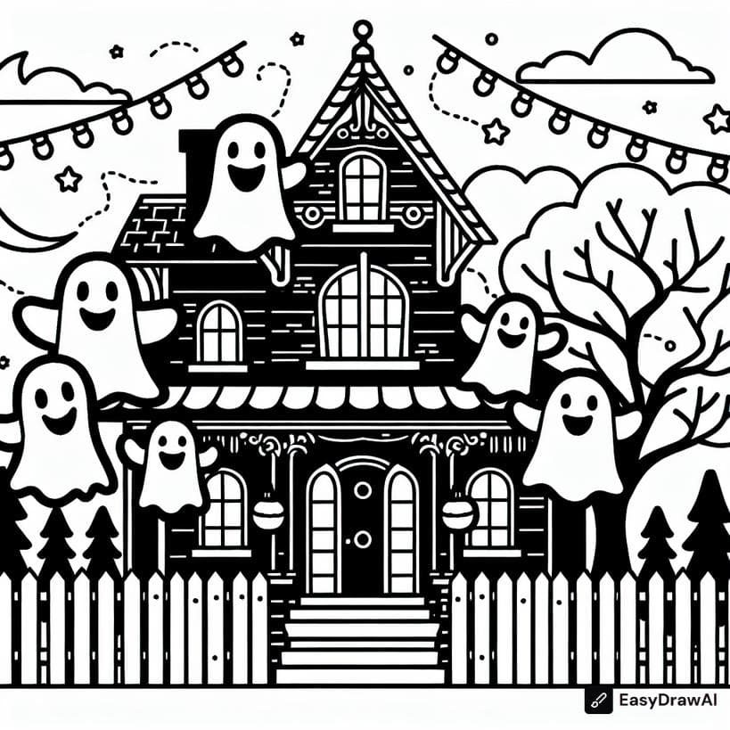 a cheerful haunted house with happy ghost decorations coloring pages