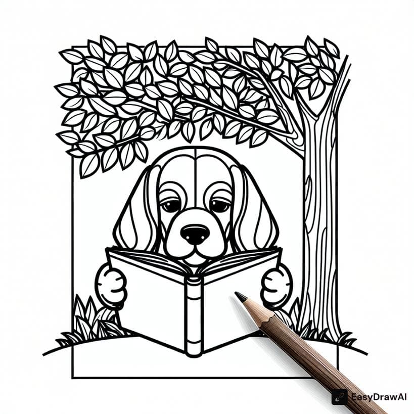 Snoopy reading a book under a tree coloring pages