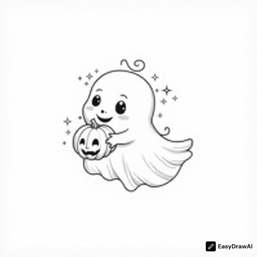 a cute ghost with a friendly smile holding a pumpkin coloring pages