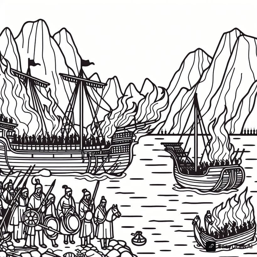 The burning of Cao Cao's fleet at Red Cliff coloring pages