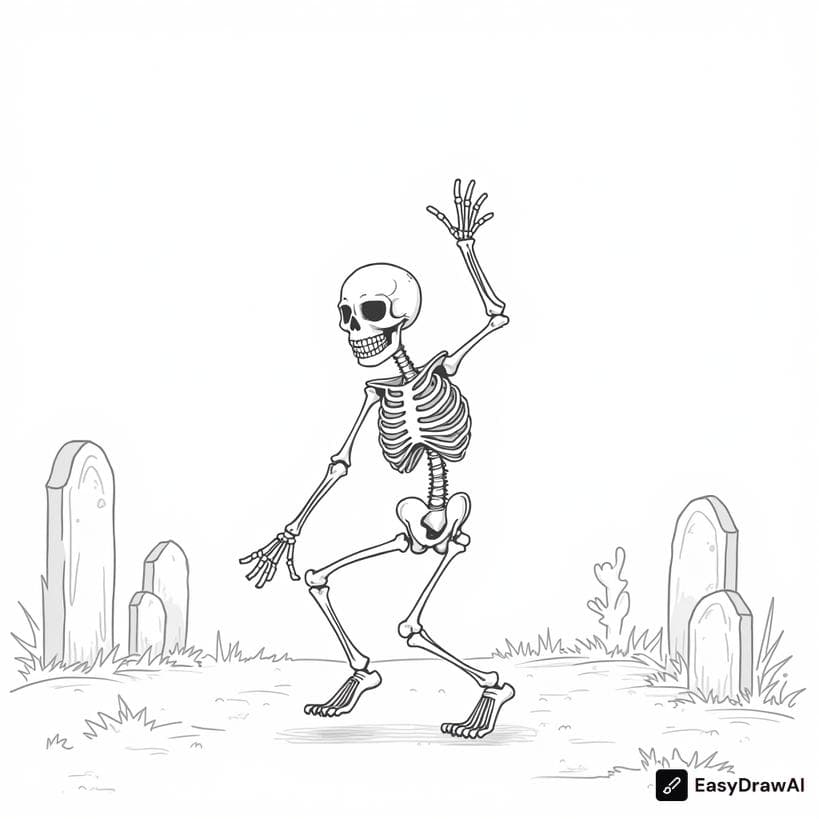 a jolly skeleton dancing in a graveyard coloring pages