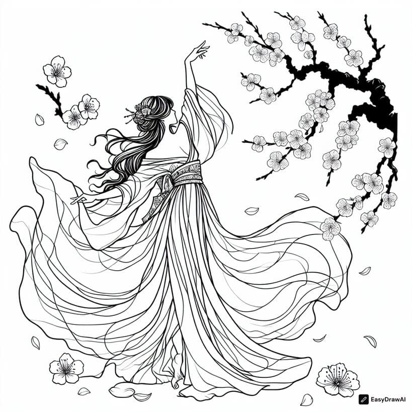 A woman in a flowing dress dancing under a cherry blossom tree, diagonal pose, during spring, full body, in watercolor style. coloring pages