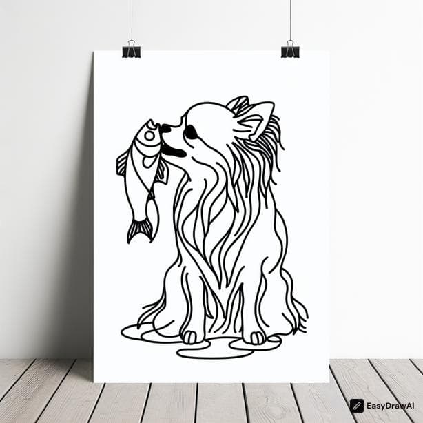 black Chihuahua with long hair eating fish coloring pages