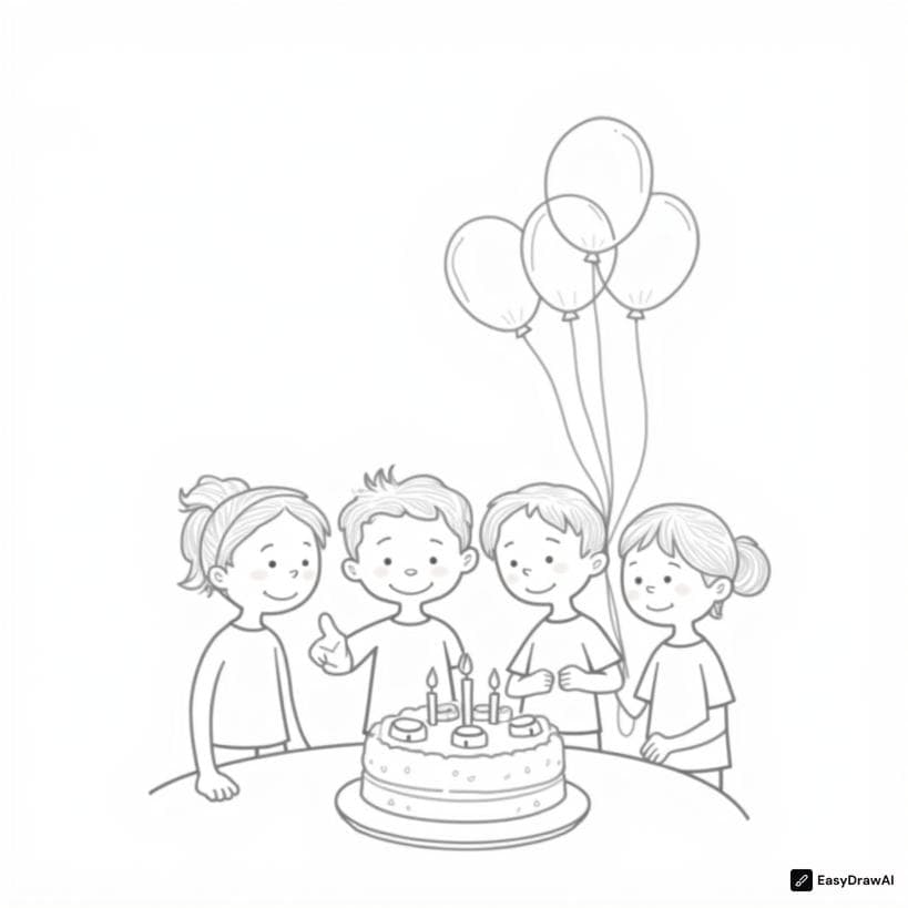 A group of friends celebrating a birthday party, in a festive style, with a birthday cake and balloons. coloring pages