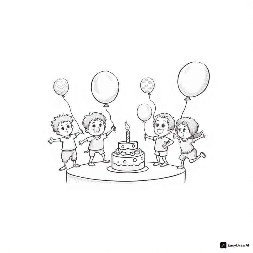 A group of friends celebrating a birthday party, in a festive style, with a birthday cake and balloons. coloring pages