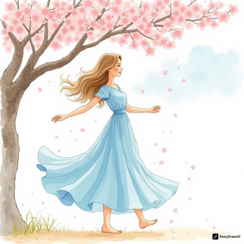 A woman in a flowing dress dancing under a cherry blossom tree, diagonal pose, during spring, full body, in watercolor style. coloring pages