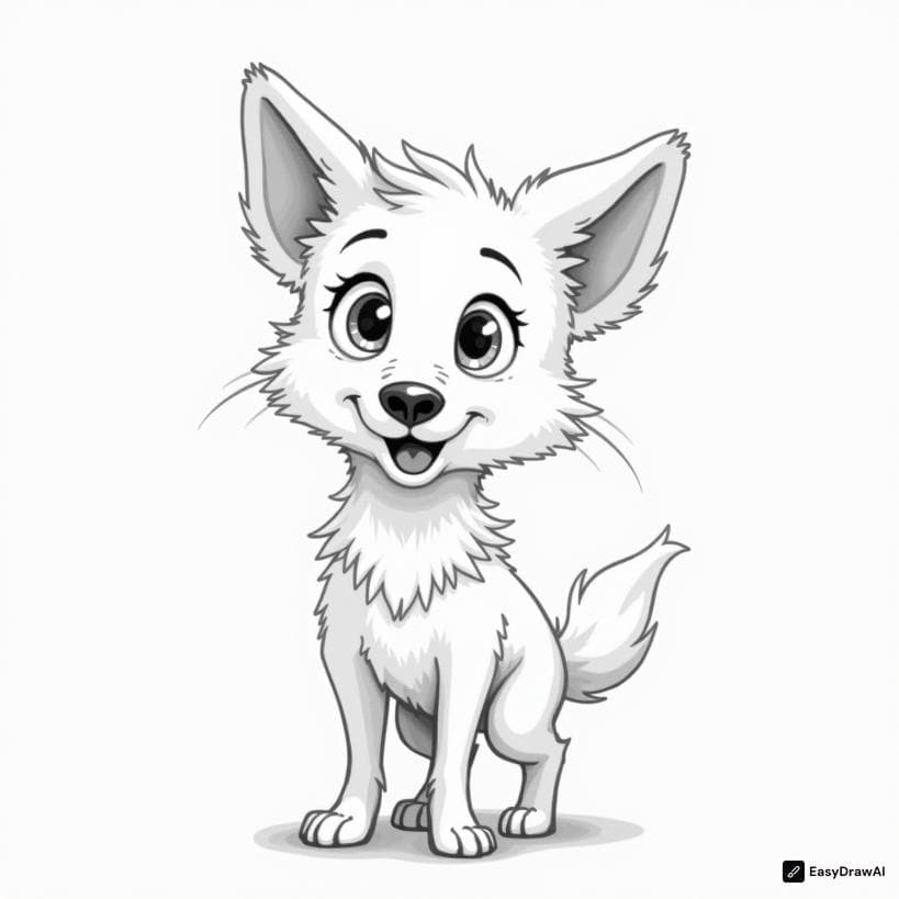 A cute baby wlid dog with big eyes, animated, cartoon, unreal, 8K. coloring pages