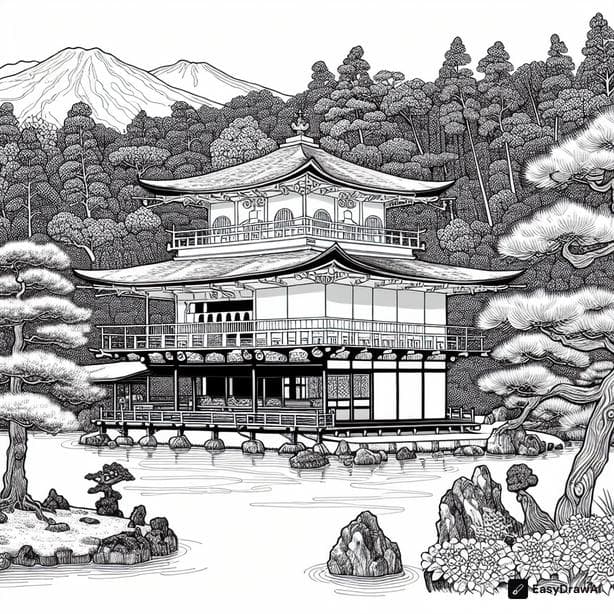 宮崎駿のスタイルで日本の金閣寺 coloring pages